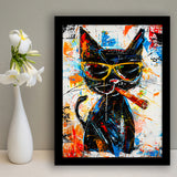 Black Cat Wearing Sungglasses And Smooking Cigar Painting, Framed Art Prints Wall Decor, Picture Framed Painting