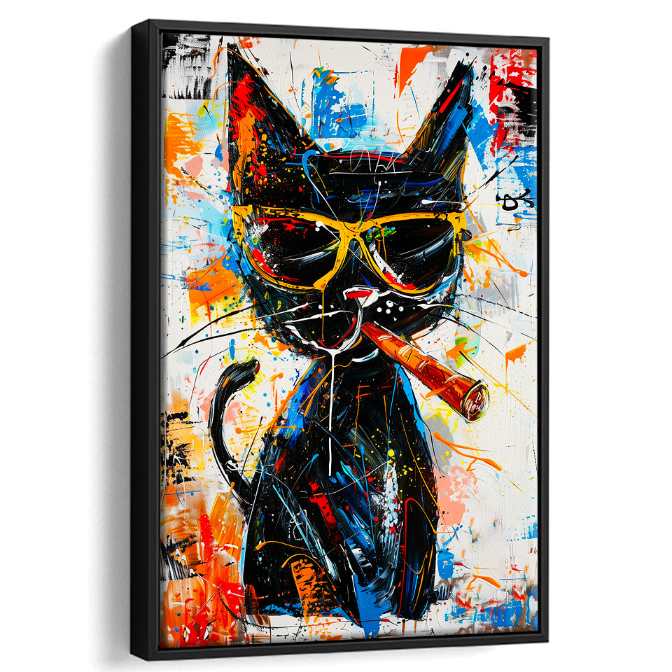 Black Cat Wearing Sungglasses And Smooking Cigar Painting, Framed Canvas Prints Wall Art Decor, Floarting Frame Painting Canvas