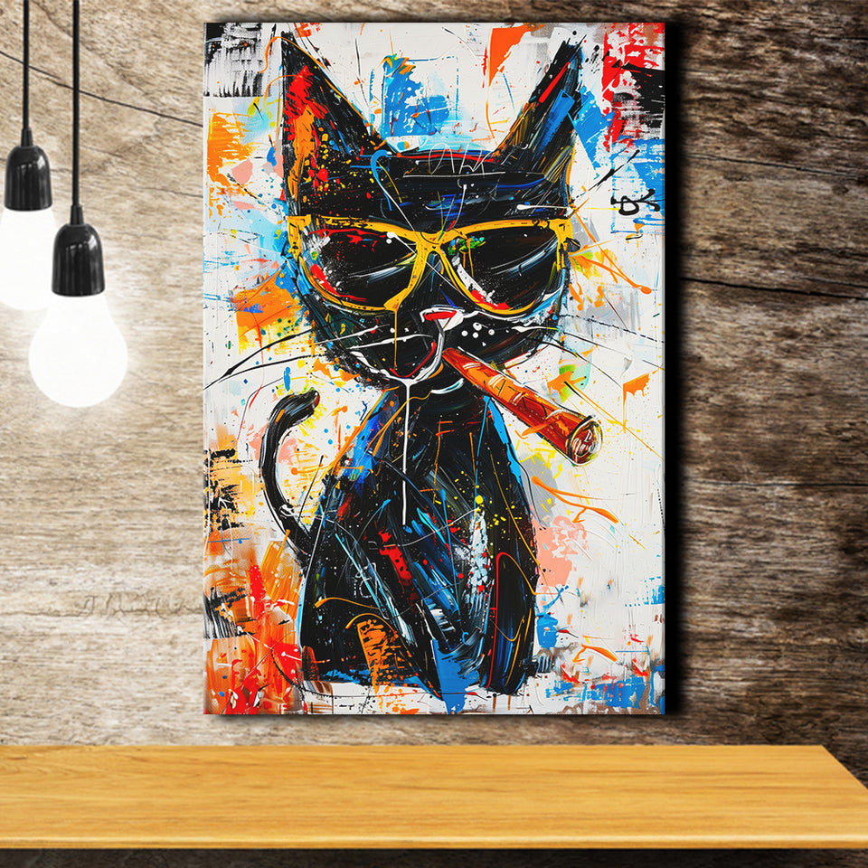Black Cat Wearing Sungglasses And Smooking Cigar Painting, Canvas Prints Wall Art Home Decor, Painting Canvas Art