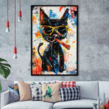 Black Cat Wearing Sungglasses And Smooking Cigar Painting, Framed Art Prints Wall Decor, Picture Framed Painting