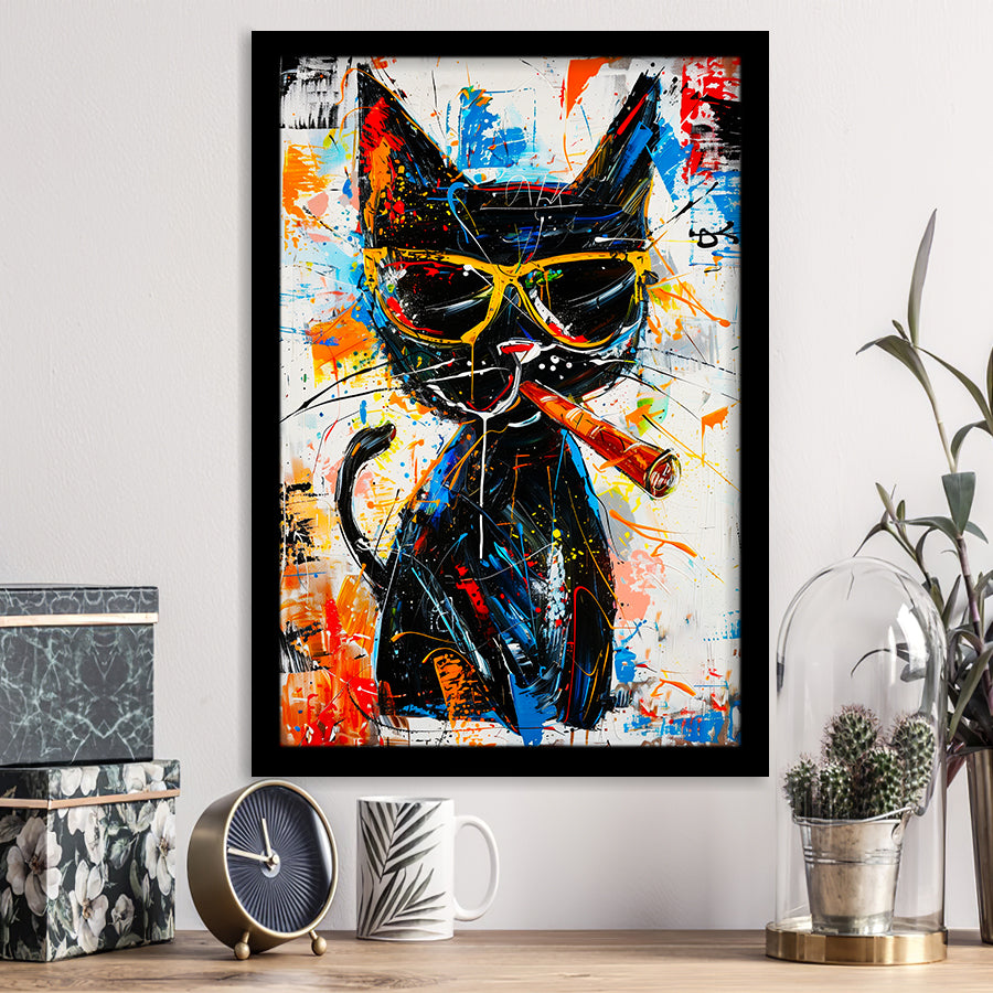 Black Cat Wearing Sungglasses And Smooking Cigar Painting, Framed Art Prints Wall Decor, Picture Framed Painting