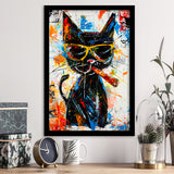 Black Cat Wearing Sungglasses And Smooking Cigar Painting, Framed Art Prints Wall Decor, Picture Framed Painting