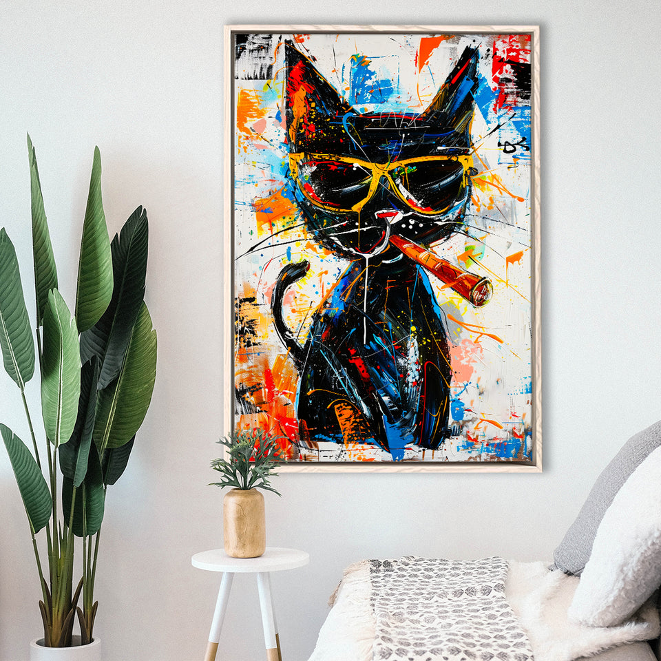 Black Cat Wearing Sungglasses And Smooking Cigar Painting, Framed Canvas Prints Wall Art Decor, Floarting Frame Painting Canvas