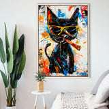 Black Cat Wearing Sungglasses And Smooking Cigar Painting, Framed Canvas Prints Wall Art Decor, Floarting Frame Painting Canvas