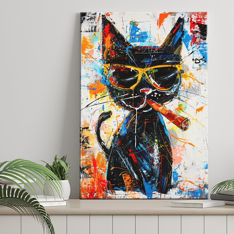 Black Cat Wearing Sungglasses And Smooking Cigar Painting, Canvas Prints Wall Art Home Decor, Painting Canvas Art
