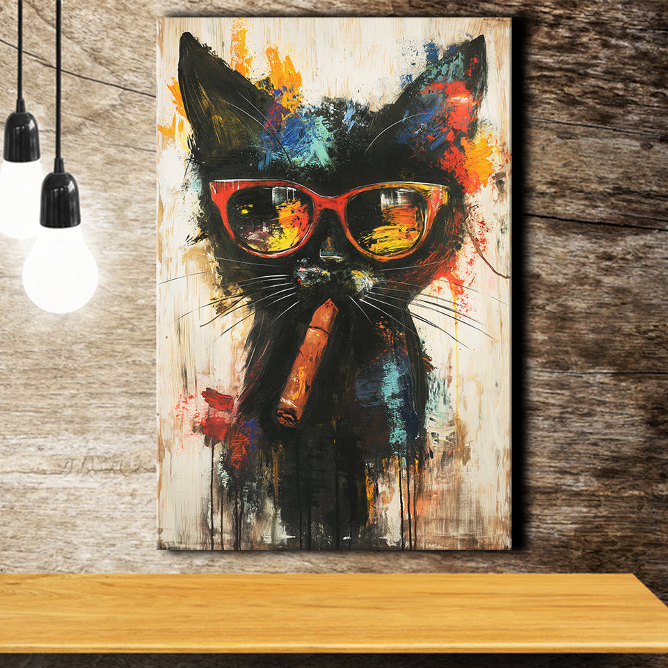 Black Cat Wearing Sungglasses And Smooking Cigar V1, Canvas Prints Wall Art Home Decor, Painting Canvas Art