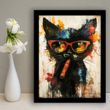 Black Cat Wearing Sungglasses And Smooking Cigar V1, Framed Art Prints Wall Decor, Picture Framed Painting