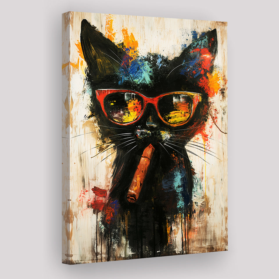 Black Cat Wearing Sungglasses And Smooking Cigar V1, Canvas Prints Wall Art Home Decor, Painting Canvas Art