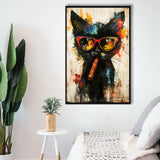 Black Cat Wearing Sungglasses And Smooking Cigar V1, Framed Canvas Prints Wall Art Decor, Floarting Frame Painting Canvas Art