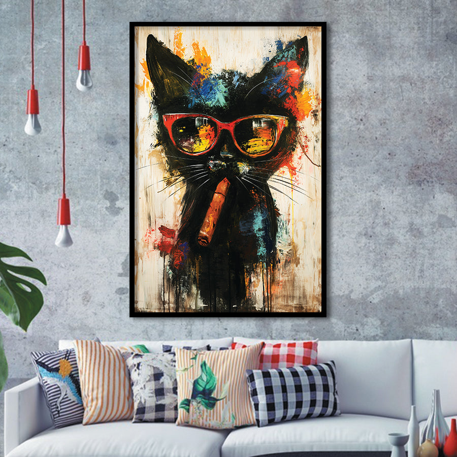 Black Cat Wearing Sungglasses And Smooking Cigar V1, Framed Art Prints Wall Decor, Picture Framed Painting