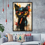 Black Cat Wearing Sungglasses And Smooking Cigar V1, Framed Art Prints Wall Decor, Picture Framed Painting