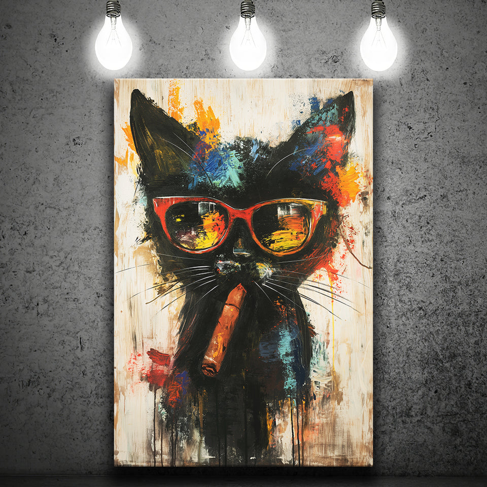 Black Cat Wearing Sungglasses And Smooking Cigar V1, Canvas Prints Wall Art Home Decor, Painting Canvas Art