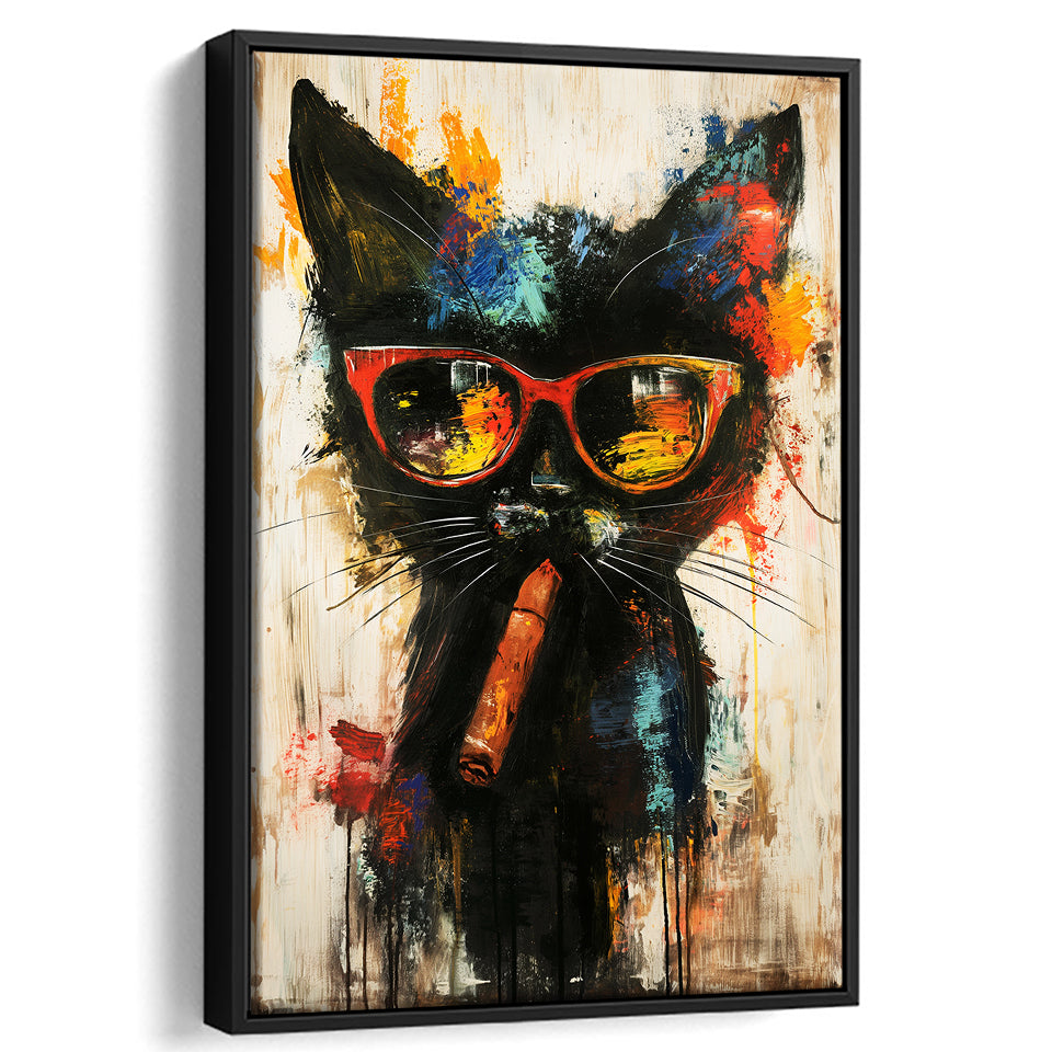 Black Cat Wearing Sungglasses And Smooking Cigar V1, Framed Canvas Prints Wall Art Decor, Floarting Frame Painting Canvas Art