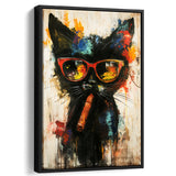 Black Cat Wearing Sungglasses And Smooking Cigar V1, Framed Canvas Prints Wall Art Decor, Floarting Frame Painting Canvas Art