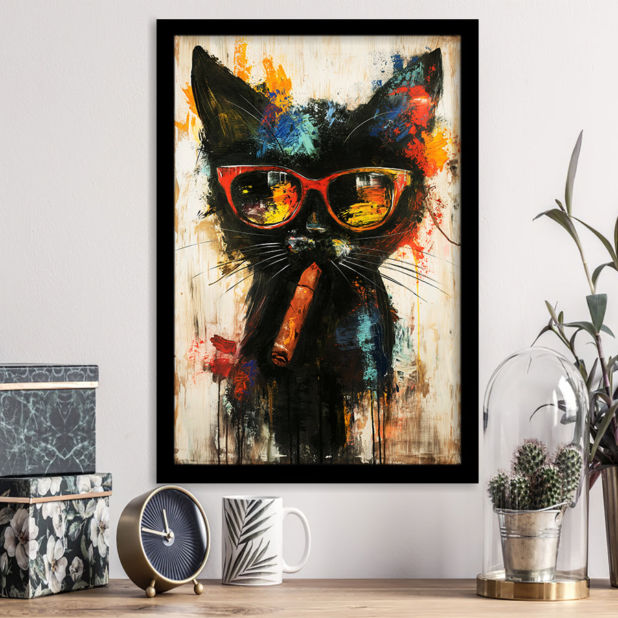 Black Cat Wearing Sungglasses And Smooking Cigar V1, Framed Art Prints Wall Decor, Picture Framed Painting