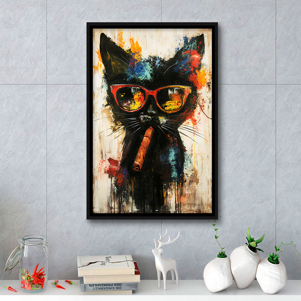 Black Cat Wearing Sungglasses And Smooking Cigar V1, Framed Canvas Prints Wall Art Decor, Floarting Frame Painting Canvas Art