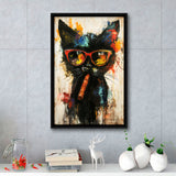 Black Cat Wearing Sungglasses And Smooking Cigar V1, Framed Canvas Prints Wall Art Decor, Floarting Frame Painting Canvas Art
