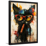 Black Cat Wearing Sungglasses And Smooking Cigar V1, Framed Art Prints Wall Decor, Picture Framed Painting