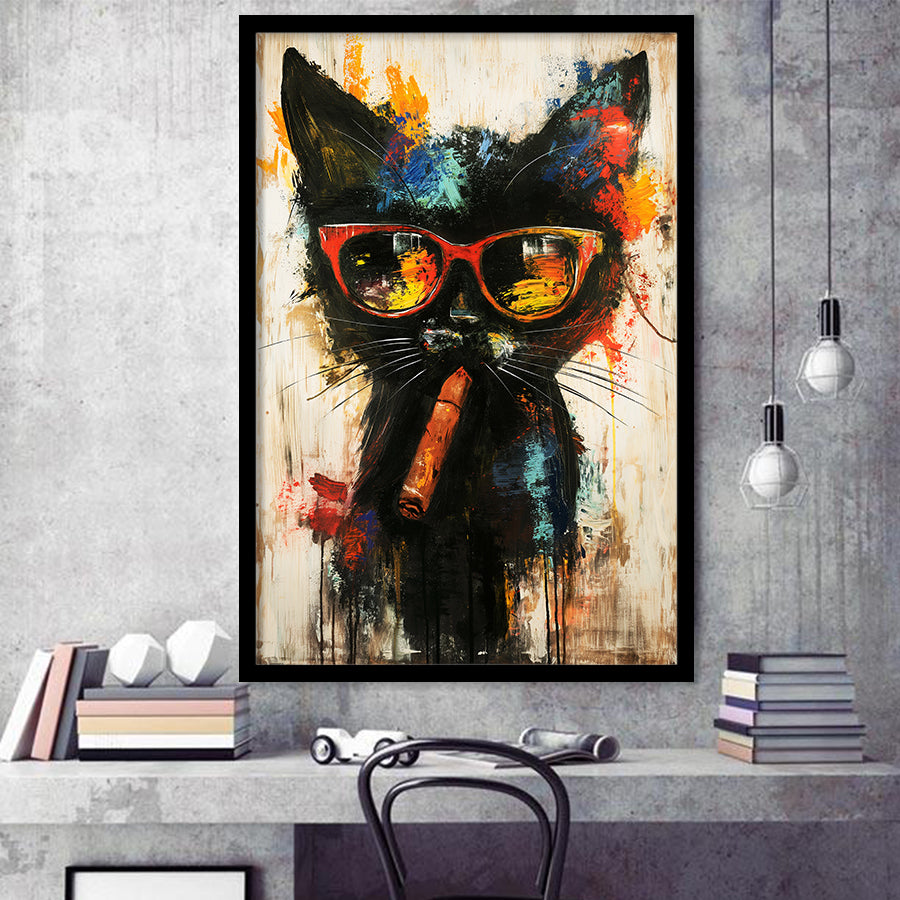 Black Cat Wearing Sungglasses And Smooking Cigar V1, Framed Art Prints Wall Decor, Picture Framed Painting