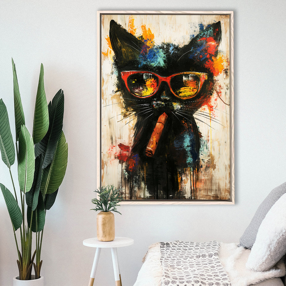 Black Cat Wearing Sungglasses And Smooking Cigar V1, Framed Canvas Prints Wall Art Decor, Floarting Frame Painting Canvas Art