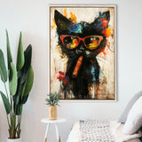 Black Cat Wearing Sungglasses And Smooking Cigar V1, Framed Canvas Prints Wall Art Decor, Floarting Frame Painting Canvas Art