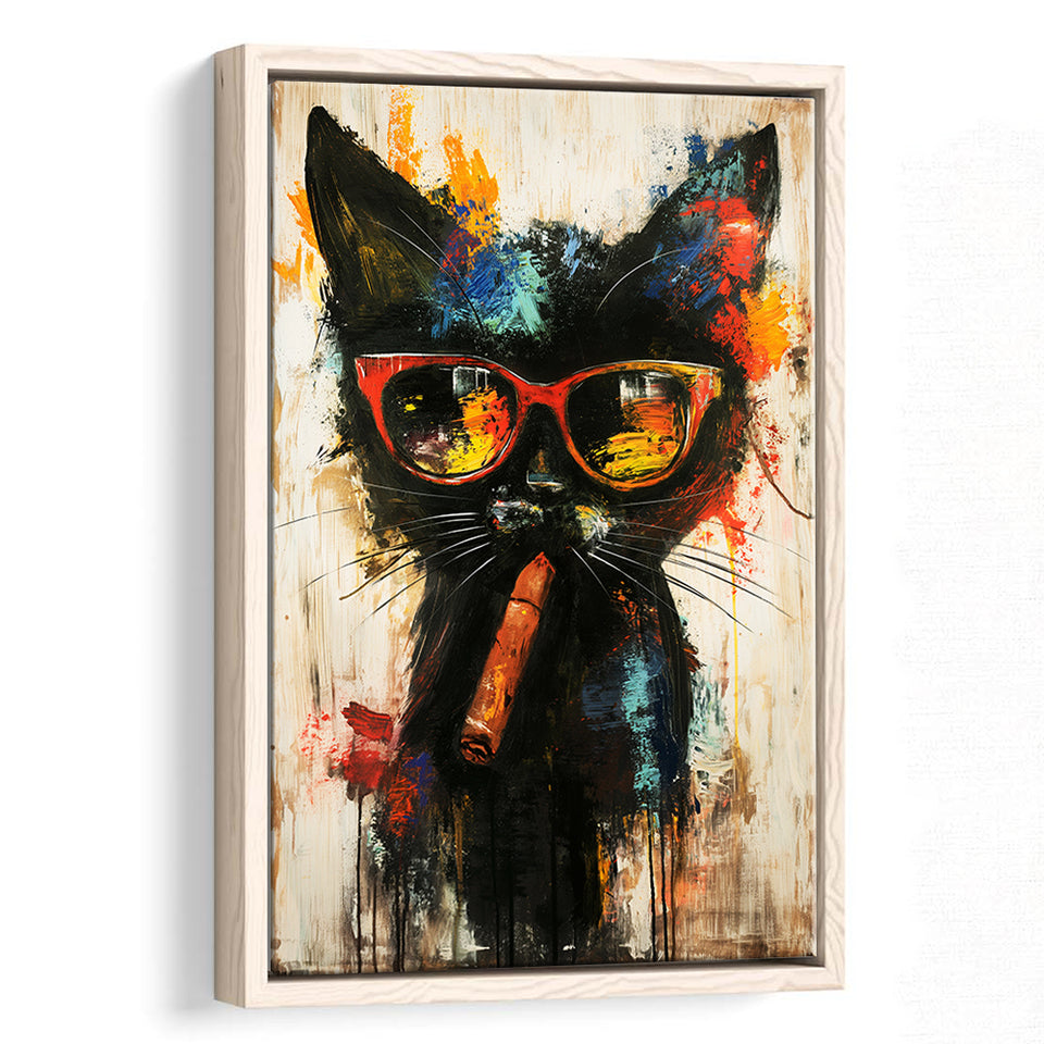 Black Cat Wearing Sungglasses And Smooking Cigar V1, Framed Canvas Prints Wall Art Decor, Floarting Frame Painting Canvas Art