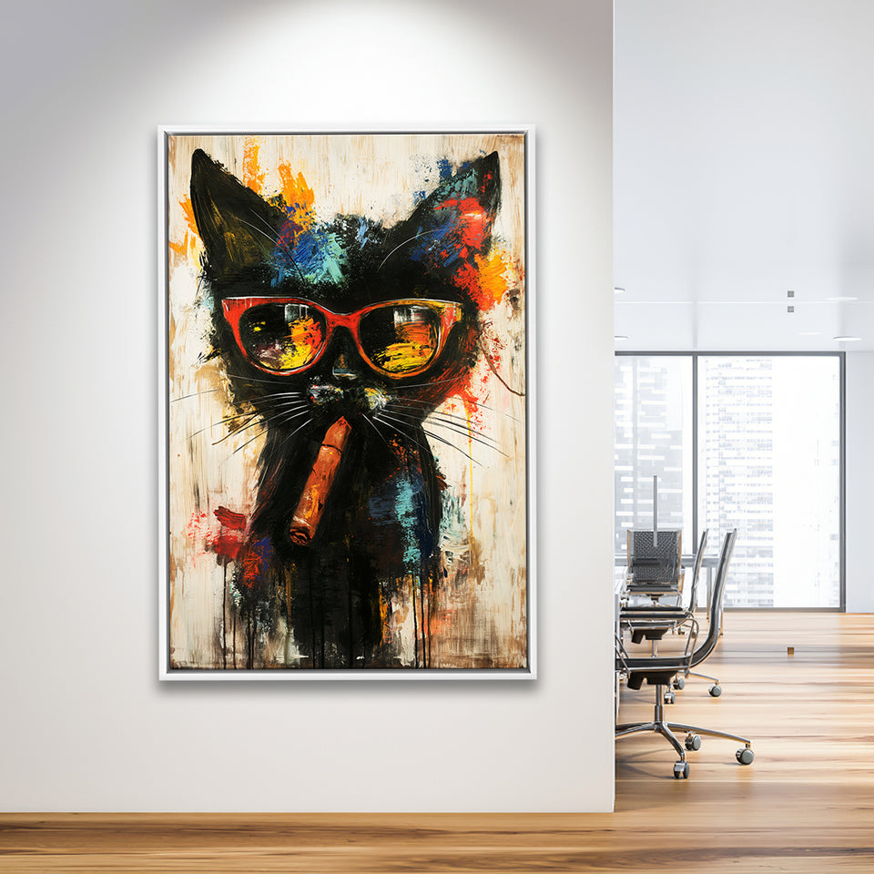 Black Cat Wearing Sungglasses And Smooking Cigar V1, Framed Canvas Prints Wall Art Decor, Floarting Frame Painting Canvas Art