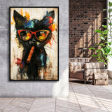 Black Cat Wearing Sungglasses And Smooking Cigar V1, Framed Canvas Prints Wall Art Decor, Floarting Frame Painting Canvas Art