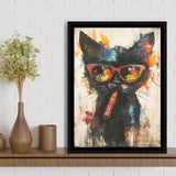 Black Cat Wearing Sungglasses And Smooking Cigar V1, Framed Canvas Prints Wall Art Decor, Floarting Frame Painting Canvas Art