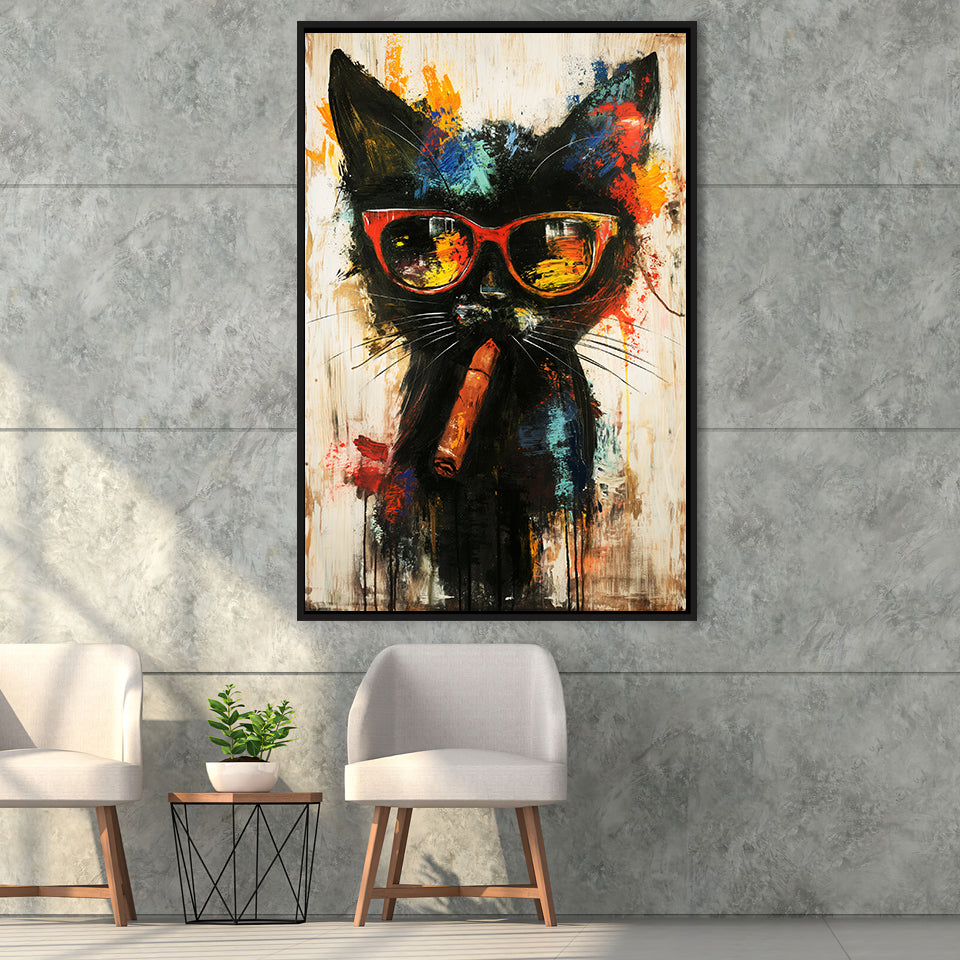 Black Cat Wearing Sungglasses And Smooking Cigar V1, Framed Canvas Prints Wall Art Decor, Floarting Frame Painting Canvas Art