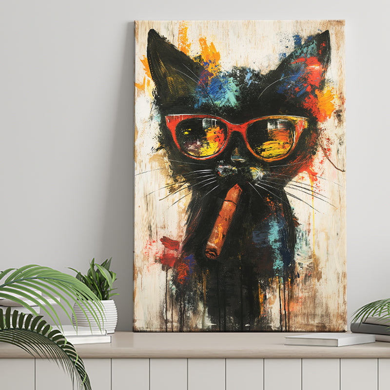 Black Cat Wearing Sungglasses And Smooking Cigar V1, Canvas Prints Wall Art Home Decor, Painting Canvas Art