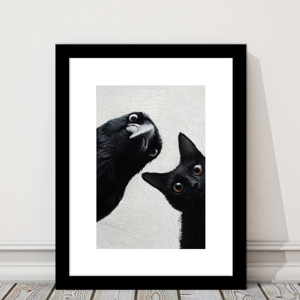 Black Cat & Crow Halloween Wall Art, Witchy Print, Spooky Season Dark Academia Decor, Framed Art Print White Border