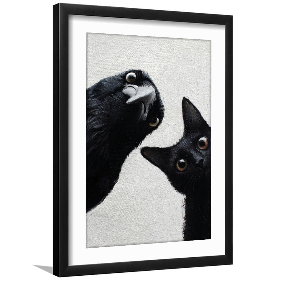 Black Cat & Crow Halloween Wall Art, Witchy Print, Spooky Season Dark Academia Decor, Framed Art Print White Border