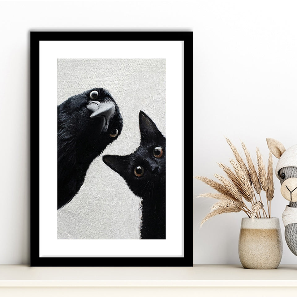 Black Cat & Crow Halloween Wall Art, Witchy Print, Spooky Season Dark Academia Decor, Framed Art Print White Border