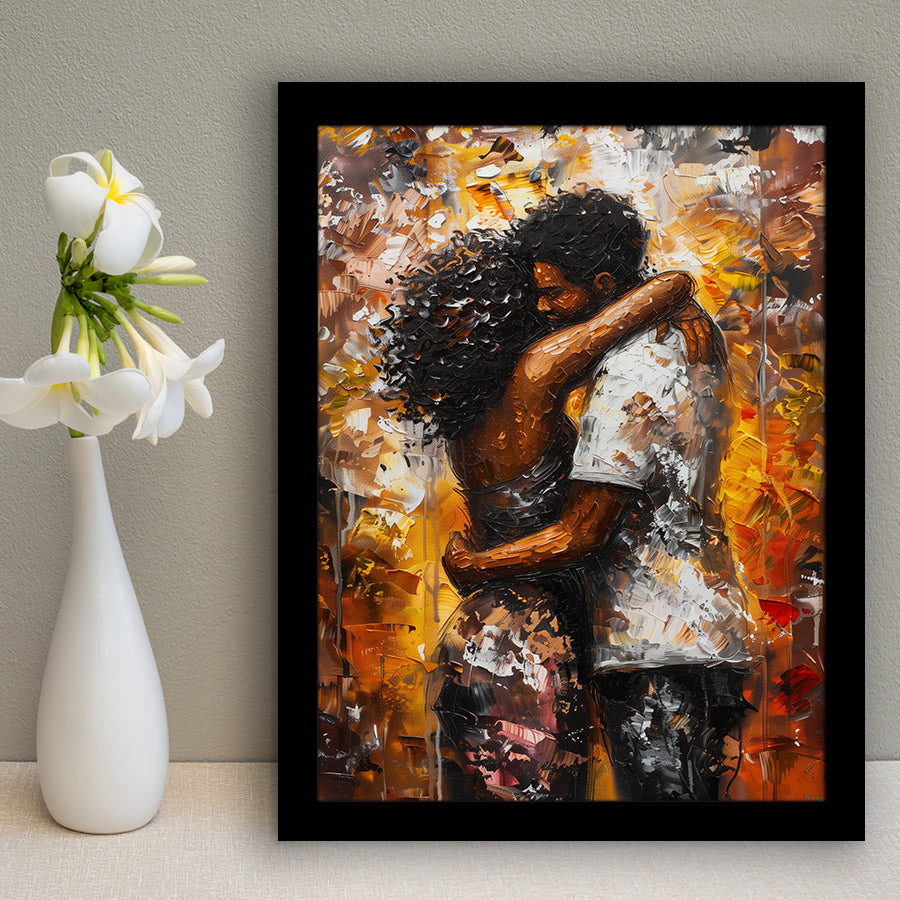 Black Couple Love Huging Painting Art,Framed Art Prints Wall Decor, Picture Framed