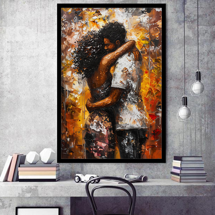 Black Couple Love Huging Painting Art,Framed Art Prints Wall Decor, Picture Framed