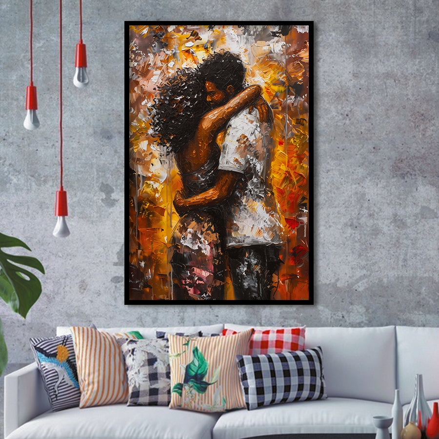 Black Couple Love Huging Painting Art,Framed Art Prints Wall Decor, Picture Framed