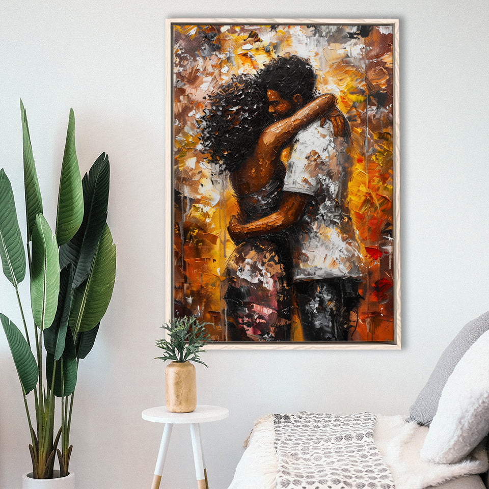 Black Couple Love Huging Painting Art,Framed Canvas Prints Wall Art Decor, Floating Frame