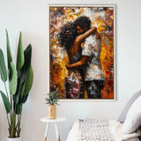 Black Couple Love Huging Painting Art,Framed Canvas Prints Wall Art Decor, Floating Frame