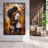 Black Couple Love Huging Painting Art,Framed Canvas Prints Wall Art Decor, Floating Frame