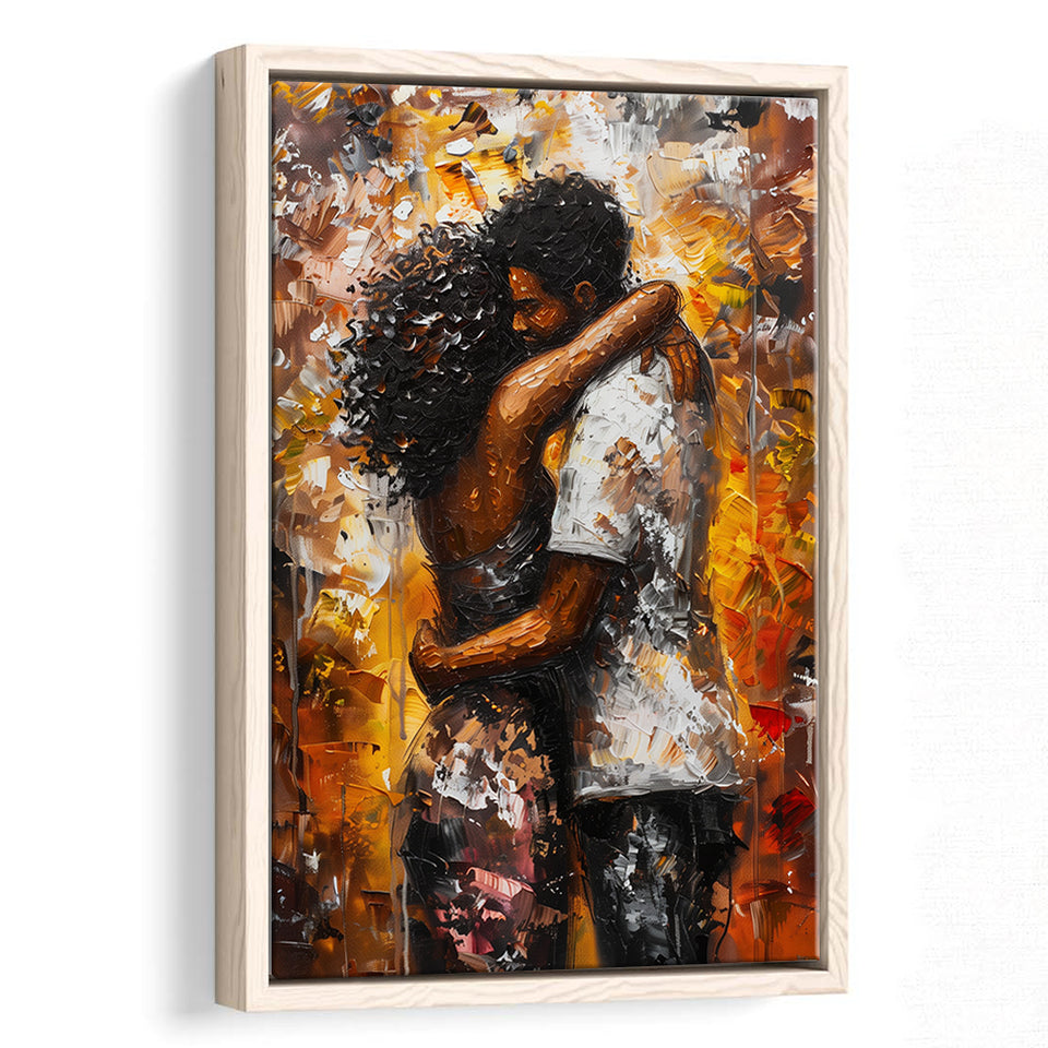 Black Couple Love Huging Painting Art,Framed Canvas Prints Wall Art Decor, Floating Frame
