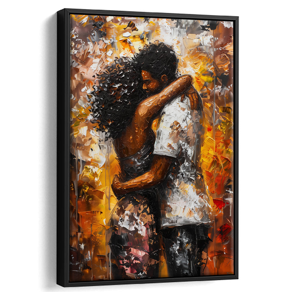 Black Couple Love Huging Painting Art,Framed Canvas Prints Wall Art Decor, Floating Frame