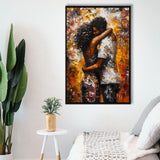 Black Couple Love Huging Painting Art,Framed Canvas Prints Wall Art Decor, Floating Frame