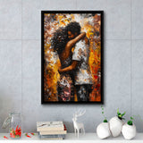 Black Couple Love Huging Painting Art,Framed Canvas Prints Wall Art Decor, Floating Frame
