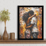 Black Couple Love Huging Painting Art,Framed Canvas Prints Wall Art Decor, Floating Frame