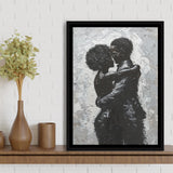 Black Couple Love Huging Painting Knife Oil Painting,Framed Canvas Prints Wall Art Decor, Floating Frame