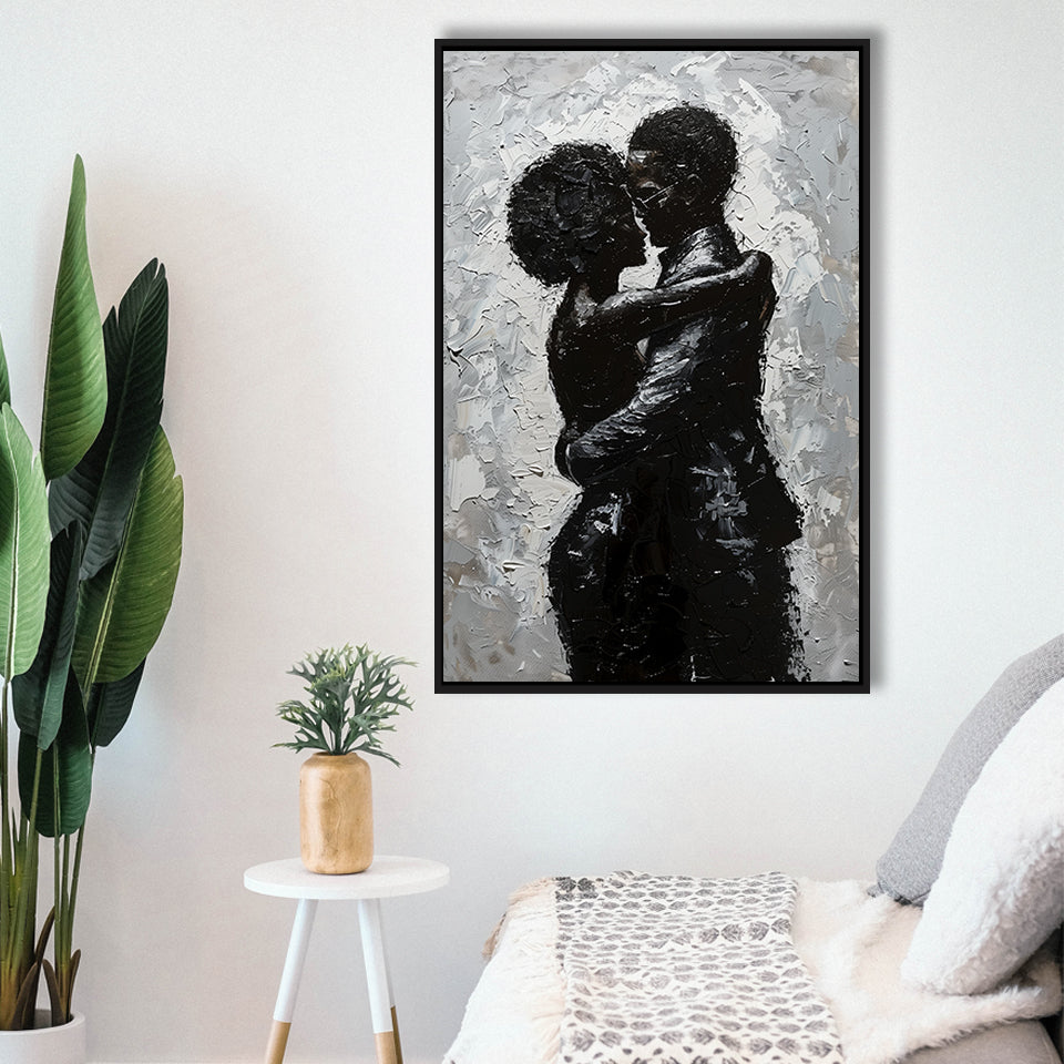 Black Couple Love Huging Painting Knife Oil Painting,Framed Canvas Prints Wall Art Decor, Floating Frame