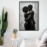 Black Couple Love Huging Painting Knife Oil Painting,Framed Canvas Prints Wall Art Decor, Floating Frame
