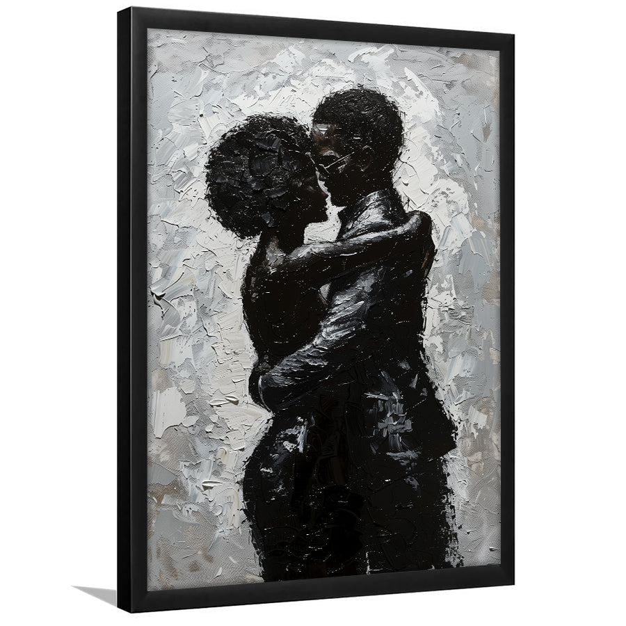 Black Couple Love Huging Painting Knife Oil Painting,Framed Art Prints Wall Decor, Picture Framed