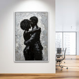 Black Couple Love Huging Painting Knife Oil Painting,Framed Canvas Prints Wall Art Decor, Floating Frame